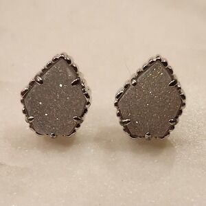 Kendra Scott Druzy Quartz Style Tessa Stud Earrings Silver Tone Teardrop Sparkle